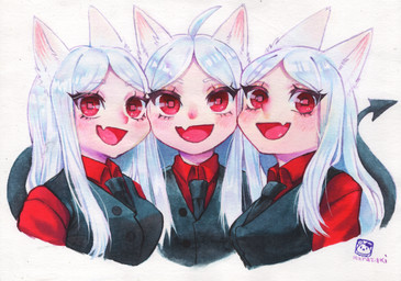 clothed clothing female fully_clothed group hair long_hair looking_at_viewer necktie open_mouth pupils red_eyes simple_background skin_fang smile spade_tail square_pupils tail topwear trio unusual_pupils white_background white_hair murazaki helltaker cerberus_(helltaker) animal_humanoid canid canid_humanoid canine canine_humanoid demon humanoid mammal mammal_humanoid 2020 hi_res painting_(artwork) traditional_media_(artwork) traditional_painting_(artwork) traditional_watercolor_(artwork) watercolor_(artwork)