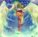 blue_background breasts clothing cloud female green_hair hair midriff simple_background sky solo winged_arms wings yellow_eyes hidden-kallz european_mythology greek_mythology mythology one_piece monet animal_humanoid avian avian_humanoid harpy humanoid mythological_avian mythological_creature 2018 hi_res