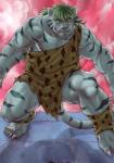 5_toes angry anthro barefoot biceps biped black_stripes blue_body blue_fur claws clenched_teeth clothed clothing crouching exposed_teeth fangs feet fighting_pose front_view fur green_hair grey_body grey_fur grey_nipples hair humanoid_feet looking_at_viewer male multicolored_body multicolored_fur muscular muscular_anthro muscular_male nipples no_underwear pecs pink_background plantigrade pose simple_background smile solo standing striped_body striped_fur stripes teeth tenting toe_claws toes tusks two_tone_body two_tone_fur white_body yellow_eyes bomb_(artist) yu_yu_hakusho byakko_(yu_yu_hakusho) demon felid mammal pantherine tiger 2016 colored colored_line_art digital_drawing_(artwork) digital_media_(artwork) shaded