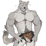 5_fingers abs anthro black_pawpads bulge claws clothed clothing countershade_fur countershade_torso countershading eyes_closed fingers fur grey_body grey_fur inner_ear_fluff male muscular muscular_anthro muscular_male pawpads pecs simple_background smile solo tail tuft underwear underwear_only white_background impwitter meme_clothing wolf_head_underwear canid canine canis mammal wolf 1:1 absurd_res hi_res meme