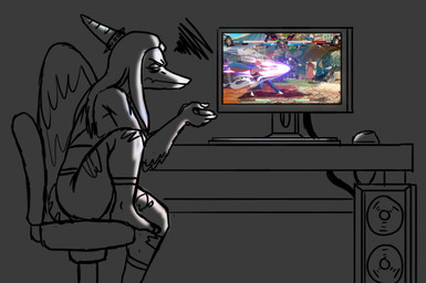 anthro barefoot bone_frill bottomwear clothing computer controller elbow_feathers electronics feathered_wings feathers feet female frill_(anatomy) game_controller gaming hair long_hair monitor pants playing_video_game short_tail sitting snout solo tail torn_bottomwear torn_clothing torn_pants wings jauntyweb arc_system_works cavemanon_studios goodbye_volcano_high guilty_gear guilty_gear_strive ko_op_(game_developer) snoot_game fang_(gvh) slayer_(guilty_gear) testament_(guilty_gear) prehistoric_species pterodactylus pterosaur reptile scalie 2024 black_and_white digital_media_(artwork) monochrome nonbinary_(lore)