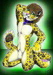 animal_genitalia anthro balls biped collar fully_sheathed fur genitals green_eyes hair kneeling looking_at_viewer male navel sheath simple_background smile solo gard3r yellow_(character) felid leopard mammal pantherine 2015