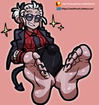 5_toes barefoot black_nails clothing colored_nails eyewear feet female foot_fetish horn humanoid_feet nails not_furry plantigrade smile soles solo spade_tail tail text toes reathroch helltaker justice_(helltaker) demon demon_humanoid horned_humanoid humanoid hi_res url