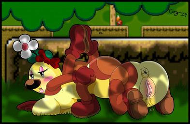 6_legs anus bedroom_eyes big_breasts big_nose black_border blush blush_stickers bodily_fluids border bow_ribbon breasts breasts_on_ground brown_arms brown_clothing brown_footwear brown_gloves brown_handwear brown_legs brown_shoes clothing daisy_(flower) eyelashes feet_together female feral flower flower_on_head footwear forest genital_fluids genitals gloves grass half-closed_eyes handwear lips looking_at_viewer looking_back looking_back_at_viewer multi_leg multi_limb narrowed_eyes nude open_mouth pink_eyelids plant pose seductive shoes shoes_on solo tree vaginal_fluids vulva year yellow_body coycoy mario_bros nintendo super_mario_world arthropod koopa koopa_troopa reptile scalie tortoise turtle wiggler_(mario) 2014 signature