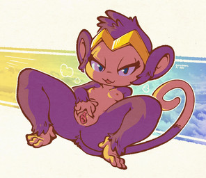 :3 breasts clitoral_hood clitoris crown feet female feral fur genitals half-closed_eyes headgear narrowed_eyes navel nipples purple_body purple_fur small_breasts solo spread_vulva spreading tiara vulva onihidden shantae_(series) wayforward shantae_(monkey_form) haplorhine mammal monkey primate 2022