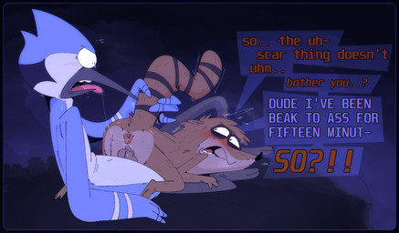 abstract_background anal angry anthro anthro_on_anthro anus backsack balls beak black_body black_border black_feathers black_nose blue_body blue_feathers blush blush_lines bodily_fluids border brown_body brown_fur dialogue duo feathers fur fur_tuft genitals head_tuft holding_tail interspecies lying male male/male markings on_front open_beak open_mouth oral reclining rimming saliva saliva_string scar sex simple_background size_difference striped_markings striped_tail stripes tail tail_grab tail_markings tan_body tan_fur teeth text tongue tongue_out tuft white_body white_feathers the-alfie-incorporated cartoon_network regular_show mordecai_(regular_show) rigby_(regular_show) avian bird blue_jay corvid jay_(bird) mammal new_world_jay oscine passerine procyonid raccoon english_text hi_res