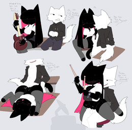 animal_ears anthro anthro_on_anthro anthro_penetrated anthro_penetrating anthro_penetrating_anthro balls bangs big_breasts biped black_body black_bottomwear black_clothing black_fur black_hair black_jacket black_skirt black_topwear blunt_bangs blush blush_lines bodily_fluids bottomwear bracelet breast_squish breasts cat_tail clothed clothed_sex clothing collared_shirt colored_inner_hair desk dripping duo electric_guitar erection female female_on_top female_penetrated fur furniture genital_fluids genitals grey_background grey_clothing grey_legwear grey_stockings guitar hair hair_over_eyes hime_cut holding_object jacket jewelry legwear long_hair long_sleeves looking_at_another lying male male/female male_penetrating male_penetrating_female miniskirt multicolored_hair multiple_angles music musical_instrument on_back on_desk on_lap on_top open_mouth pants partial_speech_bubble partially_clothed penetration penile penile_penetration penis penis_in_vagina pink_hair playing_music plucked_string_instrument precum precum_drip question_mark reverse_upright_straddle sex shirt short_sleeves simple_background sitting sitting_on_another sitting_on_lap skirt smile speech_bubble spiked_bracelet spikes spread_legs spreading squish stockings straddling string_instrument sweat sweaty_body table tag_question tail text thigh_highs topwear two_tone_hair vaginal vaginal_fluids vaginal_penetration vulva white_body white_clothing white_fur white_shirt white_topwear snazzle_snapp felid feline mammal 2026 aliasing binary_drawing digital_drawing_(artwork) digital_media_(artwork) english_text hi_res restricted_palette sequence