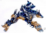 blue_body cannon claws feral machine male pointy_ears prick_ears ranged_weapon red_eyes simple_background solo weapon white_background gantzcraziness bandai_namco digimon canid canine digimon_(species) dobermon mammal robot