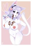 anthro big_breasts blep blush breasts candy chocolate dessert female food fur genitals nipples nude pussy solo tongue tongue_out white_body white_fur weepinbelly domestic_cat felid feline felis mammal