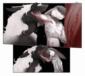 anthro anthro_on_anthro arm_in_mouth black_background black_body black_fur duo embarrassed esophagus femboy fur grey_body grey_fur happy head_in_mouth heart_symbol internal male male/male male_anthro mawplay narrowed_eyes open_mouth sharp_teeth shy shy_smile simple_background teeth tongue tongue_out white_background white_body white_fur nevolsky lagomorph leporid mammal rabbit sergal