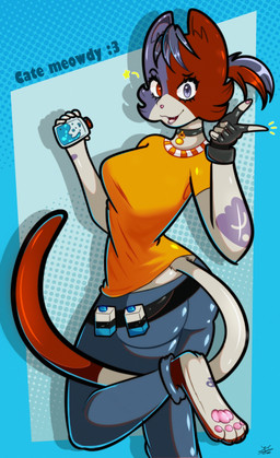 anthro bottomwear breasts butt choker clothing denim denim_bottomwear denim_clothing dipstick_tail female finger_gun fur gesture grey_body grey_eyes grey_fur hand_gesture heterochromia jeans jewelry long_tail looking_at_viewer markings necklace on_one_leg orange_body orange_fur orange_tail_tip pants pawpads pink_pawpads plantigrade pointing raised_leg red_eyes shirt smile smiling_at_viewer solo standing t-shirt tail tail_markings text topwear white_body white_fur white_tail it_doodles epic_games fortnite fortnite:_battle_royale cate_meowdy calico_cat domestic_cat felid feline felis mammal 2025 digital_drawing_(artwork) digital_media_(artwork) english_description english_text hi_res
