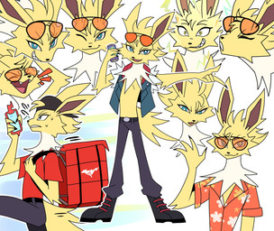 aloha_shirt anthro backpack backwards_baseball_cap backwards_hat baseball_cap belt beverage beverage_can blue_eyes bodily_fluids boots bottomwear clothed clothing delivery_(commerce) delivery_employee eyebrows eyes_closed eyewear eyewear_on_head fangs footwear fur grin hat headgear headwear holding_beverage holding_object jacket male open_clothing open_mouth open_topwear orange_eyewear orange_sunglasses pants pattern_clothing pattern_shirt pattern_topwear raised_eyebrow running shirt shoes side_view smile solo sunglasses sunglasses_on_face sunglasses_on_head sweat sweatdrop teeth topwear wearing_sunglasses yellow_body yellow_fur odeko-yma nintendo pokemon joltik_(odeko-yma) boltund eeveelution generation_1_pokemon generation_4_pokemon generation_8_pokemon jolteon pokemon_(species) rotom rotom_phone 2025 absurd_res digital_media_(artwork) full-length_portrait hi_res model_sheet portrait