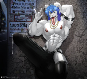 abs anthro big_penis clothed clothing erection erection_under_clothing eyebrow_piercing facial_piercing genitals huge_penis hyper hyper_genitalia hyper_penis jewelry jockstrap male muscular muscular_anthro muscular_male necklace nipple_piercing nipples pecs penis piercing pink_nipples solo text tongue tongue_out tongue_piercing topless underwear vikifox bovid caprine goat mammal 2026 german_text hi_res signature url