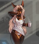 anthro beverage bottomwear cellphone clothed clothing coffee coffee_mug electronics eyes_closed female open_mouth pants phone smartphone solo yawn reaper3d canid canine canis dobermann domestic_dog mammal pinscher 2023 hi_res