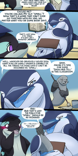 belly big_belly blue_body blush cleaning_tool dialogue female feral feral_pred feral_prey genitals grey_body group male mop purple_eyes speech_bubble sweeping talking_feral text trio unbirthing underwater vaginal vore vulva water dolphinproject yano_(dolphinproject) aquatic mammal pinniped seal 2026 absurd_res comic english_text hi_res japanese_text