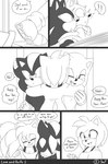 2022 5_fingers amy_rose anthro base_three_layout blockage_(layout) blush clothing comic cute_fangs dialogue english_text eulipotyphlan exclamation_point female fingers five_frame_image gloves greyscale group handwear hedgehog hi_res horizontal_blockage hug krazyelf looking_at_another male mammal monochrome open_mouth scarf sega shadow_the_hedgehog shirt sonic_the_hedgehog sonic_the_hedgehog_(series) speech_bubble speed_lines surprise sweater tank_top text three_row_layout topwear trio