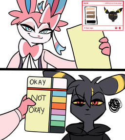 anthro black_body black_fur black_nose blue_eyes duo emanata frustration_cloud fur half-closed_eyes holding_object iris narrowed_eyes pink_body pink_ears pink_fingers pink_fur pink_hands pupils red_eyes simple_background smile white_background white_pupils yellow_sclera odeko-yma nintendo pokemon lucky_(odeko-yma) pix_(odeko-yma) eeveelution generation_2_pokemon generation_6_pokemon pokemon_(species) sylveon umbreon absurd_res hi_res