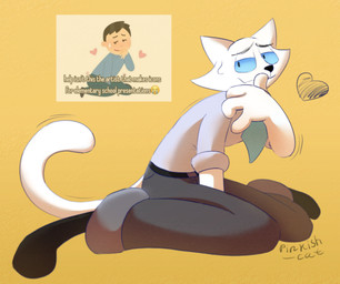 accessory anthro black_nose blue_eyes blue_necktie bodily_fluids bottomwear clothed clothing fur heart_symbol long_legs male mature_anthro mature_male necktie nervous nervous_smile nervous_sweat pants reference_image_at_source shirt shy simple_background sitting skinny skinny_male smug smug_face solo sweat tail tail_motion toony topwear white_body white_fur yellow_background irasutoya pinkish-cat irasutoya_challenge seraphim_smith_(pinkish-cat) domestic_cat felid feline felis mammal 2026 colored digital_media_(artwork) hi_res