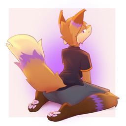 4_toes anthro barefoot biped black_clothing black_shirt black_topwear border bottomwear brown_body brown_fur clothed clothing dipstick_ears dipstick_tail ear_markings feet fully_clothed fur grey_bottomwear grey_clothing hair kneeling leg_markings looking_at_viewer looking_back looking_back_at_viewer male male_anthro markings multicolored_body multicolored_ears multicolored_fur multicolored_tail orange_body orange_fur pawpads paws pink_pawpads plantigrade purple_body purple_eyes purple_fur purple_markings rear_view shirt shorts simple_background sitting socks_(marking) soles solo tail tail_markings tan_body tan_fur toes topwear tuft white_border neo_arts canid canine fox mammal 1:1 absurd_res digital_media_(artwork) hi_res