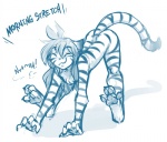 2016 :3 all_fours anthro ass_up barefoot blue_and_white casual_nudity chest_tuft claws conditional_dnp digitigrade english_text eyes_closed feet felid female flexible flora_(twokinds) fur keidran mammal monochrome nude pantherine pawpads simple_background sketch smile solo spread_legs spread_toes spreading stretching striped_body striped_fur stripes tail text tiger toes tom_fischbach tuft twokinds white_background