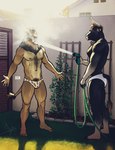 abs anthro black_body black_fur brown_hair bulge clothed clothing duo ear_piercing fur gauged_ear hair horn hose male muscular muscular_anthro muscular_male navel nipples outside pecs piercing swimwear water_hose wet bgn byron_(bgn) sebastian_(bgn) bovid bovine cattle mammal hi_res