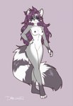 anthro black_nipples black_nose blue_eyes feet female fingerless_(marking) fingerless_gloves_(marking) fur gloves_(marking) grey_body grey_fur hair leg_markings markings nipples nude purple_background purple_hair ring_(marking) ringed_tail simple_background socks_(marking) solo striped_markings striped_tail stripes tail tail_markings toeless_(marking) toeless_socks_(marking) dragonfu mammal procyonid raccoon absurd_res hi_res