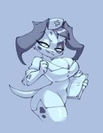 anthro big_breasts breasts cleavage clipboard clothed clothing female fur hat headgear headwear markings narrowed_eyes nurse nurse_clothing nurse_hat nurse_headwear solo spots spotted_body spotted_fur bigdad leia_(kittykola_) canid canine canis domestic_dog mammal 2023 monochrome