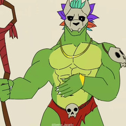 abs anthro armlet biceps black_sclera blowing_kiss bone bone_mask bottomwear claws clothing deltoids feathers gold_(metal) gold_armlet gold_jewelry gold_necklace green_body green_scales heart_symbol holding_object holding_staff jewelry loincloth looking_at_viewer male mask muscular muscular_anthro muscular_male navel necklace pecs scales skull skull_accessory skull_mask solo staff white_eyes senhor_jacarilo terraria witch_doctor_(terraria) lihzahrd lizard reptile scalie 1:1 2026 2d_animation animated digital_media_(artwork) short_playtime sound video