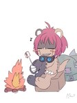 anthro campfire candy claws cooking dessert eyewear food goggles grin hair male marshmallow pink_hair sharp_teeth sitting smile solo stitch_(sewing) teeth mkz_dg bandai_namco digimon digimon_(species) ludomon 3:4