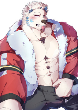 abs anthro black_bottomwear black_clothing black_nose black_pants bottomwear clothing condom condom_in_mouth eyebrows male mouth_hold muscular muscular_anthro muscular_male navel object_in_mouth pants pecs santa_coat sexual_barrier_device solo thick_eyebrows white_eyebrows poteto02888292 lifewonders tokyo_afterschool_summoners jack_frost_(tas) bear mammal polar_bear ursine hi_res