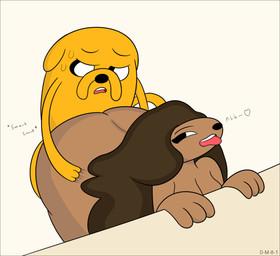 anthro bodily_fluids breasts brown_body brown_fur brown_hair brown_skin convenient_censorship duo female from_behind_position fur hair hands_on_back hands_on_surface heart_symbol long_hair looking_at_another looking_back looking_back_at_another male male/female moan nude onomatopoeia poofy_hair sex sound_effects sweat sweatdrop text yellow_body yellow_fur yellow_skin darkmario81 adventure_time cartoon_network jake_the_dog samantha_(adventure_time) canid canine canis domestic_dog mammal