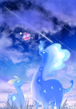ambiguous_gender blue_body blue_eyes cloud feral grass group meteor_shower night pink_body plant size_difference sky star star_symbol starry_sky tail trio white_eyes natu_a0z0ra nintendo pokemon amaura aurorus fossil_pokemon generation_6_pokemon minior_(core_form) pokemon_(species) red_core_minior scalie 2026 hi_res signature