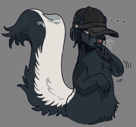 alternate_species anthro black_body black_fur black_hair claws clothing ellipsis eyelashes fluffy fluffy_tail fur furrification grey_background grey_eyes hair hat hat_only headgear headgear_only headwear headwear_only male mostly_nude mouth_closed pink_nose round_ears semi-anthro simple_background skunk_tail solo star_accessory tail whiskers white_body white_fur break500 danganronpa danganronpa_v3 spike_chunsoft shuichi_saihara mammal mephitid skunk 2026 hi_res shaded