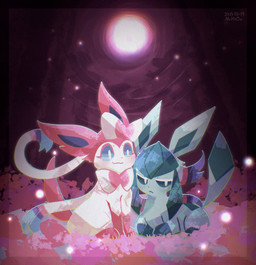 ambiguous_gender blue_body blue_eyes blush bow_(anatomy) detailed_background duo eyelashes feral fur lying on_front paws pink_body pink_fur ribbons_(anatomy) sitting tail toony white_body mrh2o2 nintendo pokemon eeveelution generation_4_pokemon generation_6_pokemon glaceon pokemon_(species) sylveon 2025 dated detailed hi_res signature