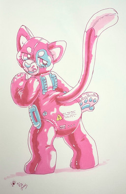 ambiguous_gender anthro biped blue_body blue_eyes eyelashes glistening glistening_body handle handle_bar heart_(marking) inflatable long_tail looking_back markings nozzle nozzle_(valve) nozzle_on_butt pawpads paws pink_body pink_eyes pool_toy pool_toy_handle raised_tail rear_view simple_background solo tail warning_label brevity august_(meowmcmeow) animate_inanimate domestic_cat felid feline felis living_inflatable mammal 2025 hi_res traditional_media_(artwork) male_(lore)