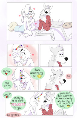 anthro bed blush chest_tuft clothing dandere dialogue duo ear_piercing emoji eye_contact fur furniture grey_body grey_fur heart_symbol jacket looking_at_another looking_away male male/male mascot nervous on_bed piercing pillow pink_background pink_nose pride_accessory question_mark red_clothing red_jacket red_topwear simple_background text topwear tuft white_background white_body white_fur p_rindustries cookie_crisp general_mills trix chip_the_wolf trix_rabbit canid canine canis lagomorph leporid mammal rabbit wolf comic english_text hi_res