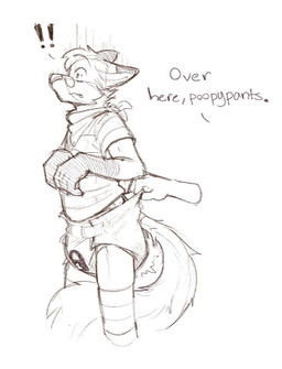 ambiguous_gender anthro band-aid band-aid_on_face band-aid_on_nose bandage bandage_on_face bandage_on_nose caught clothing dialogue diaper diaper_check diaper_pull dipstick_ears disembodied_hand duo ear_markings exclamation_point feces gloves_(marking) kerchief legwear lock_symbol markings multicolored_ears neckerchief neckwear pattern_clothing pattern_legwear pattern_shirt pattern_thigh_highs pattern_topwear shirt side_view simple_background soiled_diaper soiling striped_clothing striped_legwear striped_shirt striped_thigh_highs striped_topwear stripes tail tail_between_legs text thigh_highs topwear unclean_diaper used_diaper wavy_mouth white_background wide_eyed foxehhyz pakun canid canine canis domestic_dog mammal 2022 english_text greyscale monochrome portrait sketch three-quarter_portrait male_(lore)