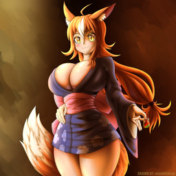 accessory ahoge asian_clothing big_breasts blush blush_lines bow_(feature) bow_in_back breasts cat_smile charm_(jewelry) cleavage cleavage_overflow clothed clothing clothing_bow curvy_figure dipstick_ears dipstick_tail ear_markings east_asian_clothing eyebrows eyelashes female fingernails fluffy fluffy_tail fur fur_tuft glistening glistening_breasts hair hair_accessory hair_tie happy highlights_(coloring) inner_ear_fluff japanese_clothing kimono looking_at_viewer markings multicolored_ears nails orange_body orange_fur orange_hair orange_tail pink_bow ponytail pose purple_clothing purple_kimono simple_background smile solo tail tail_markings text thick_thighs tuft white_highlights wide_eyed wide_hips yellow_eyes mind493trap sakura_santa akina_(sakura_santa) animal_humanoid canid canid_humanoid canine canine_humanoid fox_humanoid fox_spirit humanoid mammal mammal_humanoid 1:1 2024 absurd_res artist_name digital_media_(artwork) hi_res signature watermark