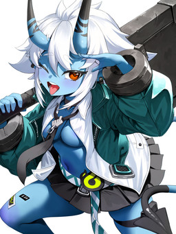 black_bottomwear black_clothing black_skirt blue_body blue_skin blush bottomwear clothed clothing female green_clothing green_jacket green_topwear hair holding_object holding_weapon horn jacket necktie one_eye_closed open_clothing open_shirt open_topwear red_eyes shirt simple_background skirt solo tail tongue tongue_out topwear weapon white_background white_hair pgnesium95 asian_mythology east_asian_mythology japanese_mythology mihoyo mythology zenless_zone_zero soukaku demon demon_humanoid horned_humanoid humanoid oni tailed_humanoid yokai 2024 3:4 absurd_res hi_res