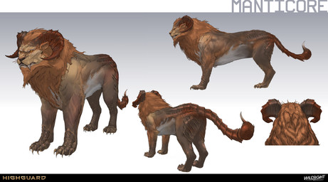 2_horns ambiguous_feral ambiguous_gender belly black_nose brown_body brown_claws brown_fur brown_tail claws company_name curled_horn feral fur gradient_background grey_belly grey_teeth gums horn light mane multicolored_body multicolored_fur nude nude_ambiguous orange_eyes orange_mane paws pink_gums quadruped red_horn sharp_teeth simple_background solo standing stinger tail teeth text toe_claws turnaround nicholas_patrick_kelana highguard_(game) iranian_mythology middle_eastern_mythology mythology felid mammal manticore 2026 absurd_res colored concept_art digital_drawing_(artwork) digital_media_(artwork) english_description english_text hi_res lighting official_art shaded