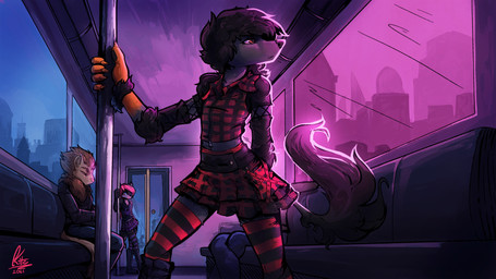 anthro bottomwear breasts brown_hair city claws clothing door female fur group hair legwear looking_aside looking_down male pattern_clothing pattern_legwear pattern_stockings pink_hair pole seat skirt solo_focus standing stockings striped_clothing striped_legwear striped_stockings stripes tail train vehicle window kite512 kite_(kite512) canid canine canis domestic_dog fox mammal poodle 16:9 2021 digital_media_(artwork) hi_res widescreen nonbinary_(lore) trans_(lore) trans_woman_(lore)