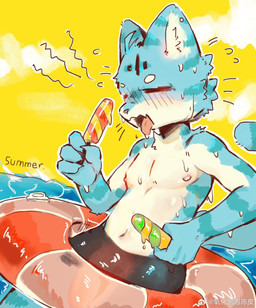 ahoge anthro black_clothing black_swimming_trunks black_swimwear blush bodily_fluids bulge clothing countershading eyes_closed food hair life_preserver light male nipples open_mouth pool_float popsicle popsicle_melting sea sky solo sunlight sweat swimming_trunks swimwear text tongue tongue_out translucent translucent_clothing translucent_swimwear water chenpih2o felid feline mammal 2025 hi_res
