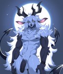 abs anthro arm_tuft balls biceps big_balls big_hair big_penis black_penis chest_tuft claws constellation constellation_markings elbow_tuft flaccid foreskin full_moon fur fur_markings genitals hair highlights_(coloring) horn humanoid_genitalia humanoid_penis looking_at_viewer male markings mature_anthro mature_male moon multi_tail multicolored_body multicolored_fur muscular muscular_anthro muscular_male night nipples nude penis pubes simple_background smile smiling_at_viewer smirk smirking_at_viewer solo spade_tail tail tuft two_tone_body two_tone_fur white_body white_eyes white_fur white_hair lezified deer demon mammal 2024 colored digital_drawing_(artwork) digital_media_(artwork) hi_res shaded