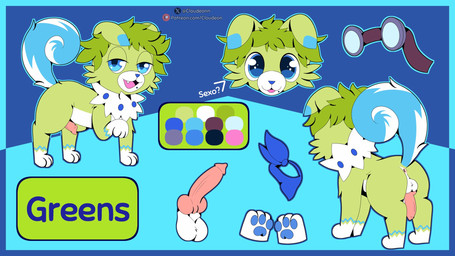 animal_genitalia animal_penis anus balls blush butt canine_genitalia canine_penis clothing feline_genitalia feral fur genitals green_body green_fur knot knotted_penis male penis solo text cloudeon nintendo pokemon greens_(character) generation_7_pokemon pokemon_(species) rockruff 16:9 hi_res model_sheet url widescreen