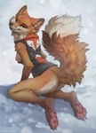 4_toes anthro bottomless bottomless_anthro bottomless_female breasts butt claws clothed clothing dipstick_tail feet female female_anthro fluffy fluffy_paws fluffy_tail fur kneeling looking_at_viewer looking_back looking_back_at_viewer markings medium_breasts nipples one_breast_out orange_body orange_fur outside pawpads paws smile snow snowing solo sweater sweater_vest tail tail_markings toe_claws toes topwear vest whiskers hioshiru canid canine fox mammal 2023 hi_res