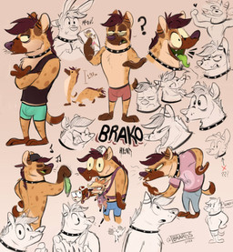 anthro backwards_baseball_cap backwards_hat baseball_cap bow_ribbon boxers_(clothing) bulge butt clothed clothing collar duo exclamation_point fake_ears fake_rabbit_ears female fur green_tongue hair hat headgear headwear male markings nude questioning simple_background smile solo standing tail text tongue underwear ibrah_(artist) cuphead_(game) studio_mdhr brako_(ibrah) cuphead_(character) canid deer hyena mammal spotted_hyena digital_media_(artwork) hi_res model_sheet