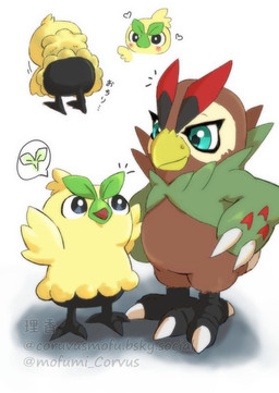 anthro beak blush brown_body brown_feathers claws duo feathers feet green_body green_eyes green_feathers heart_symbol leaf_eyebrows male smile talons toes wings mofumi_corvus bandai_namco digimon nintendo pokemon pokemon_winds_and_waves browt digimon_(species) falcomon generation_10_pokemon pokemon_(species) 2026 absurd_res crossover digital_drawing_(artwork) digital_media_(artwork) hi_res