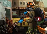 anthro british gas_mask gun male mask post-apocalyptic ranged_weapon rifle solo union_jack weapon krahs_tsai canid canine fox mammal hi_res