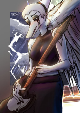 anthro arm_tattoo black_bottomwear black_clothing black_crop_top black_pants black_shirt black_topwear blue_body bodily_fluids bone_frill border bottomwear breasts clothed clothed_anthro clothed_female clothing cloud crop_top crying depressing depression detailed_background elbow_feathers electric_guitar electricity eyes_mostly_closed feathered_wings feathers female fingers frill_(anatomy) grey_body grey_border grey_feathers grey_hair guitar hair hand_tattoo holding_guitar holding_musical_instrument holding_object humanoid_hands lightning looking_down makeup medium_breasts musical_instrument narrowed_eyes non-mammal_breasts open_mouth pants plucked_string_instrument running_makeup sad shirt short_hair shoulder_tattoo solo storm string_instrument tattoo tears text topwear wings clementdiefaul cavemanon_studios goodbye_volcano_high ko_op_(game_developer) snoot_game fang_(gvh) prehistoric_species pterosaur reptile scalie absurd_res artist_name colored hi_res shaded