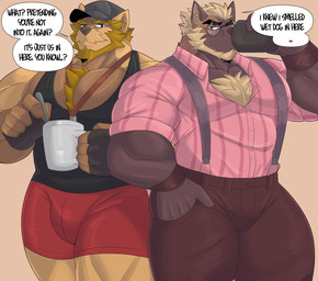 anthro barazoku beard beverage biceps big_muscles big_pecs black_body black_clothing black_fingerless_gloves black_fur black_gloves black_handwear black_hat black_headwear black_shirt black_tank_top black_topwear blonde_beard blonde_chest_hair blonde_eyebrows blonde_facial_hair blonde_hair blonde_sideburns body_hair body_worship bottomwear brown_background brown_body brown_bottomwear brown_clothing brown_facial_hair brown_fur brown_mustache brown_pants brown_wristband bulge chest_hair chest_tuft clothing co-worker coach coffee coffee_cup coffee_mug container cup dialogue dominant dominant_anthro dominant_male drinking_coffee duo eyebrows eyewear facial_hair fingerless_gloves flirting fur glasses gloves hair handwear hat headgear headwear holding_coffee_mug imminent_sex jock male male/male manly muscular muscular_anthro muscular_arms muscular_male muscular_thighs musk musk_worship mustache pants pecs pink_clothing pink_shirt pink_topwear pinstripe_clothing pinstripe_topwear red_bottomwear red_clothing red_shorts secretly_loves_it shirt shorts sideburns simple_background speech_bubble standing suspenders tank_top taunting taunting_partner teacher teacher_clothing teasing teasing_partner text thick_arms thick_eyebrows thick_thighs topwear tough_guy tuft wearing_glasses whistle_(object) whistle_around_neck wristband yellow_body yellow_fur castrodour canid canine canis domestic_dog mammal absurd_res english_text hi_res